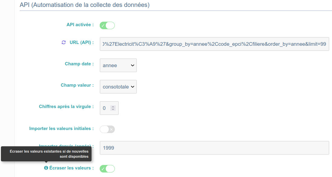 Mise à jour des valeurs d'indicateurs sur la base des valeurs renvoyées par API