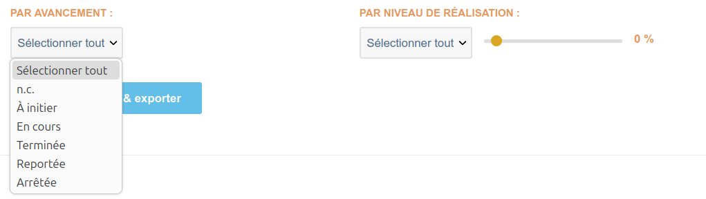 Projet : filtre avancement des actions